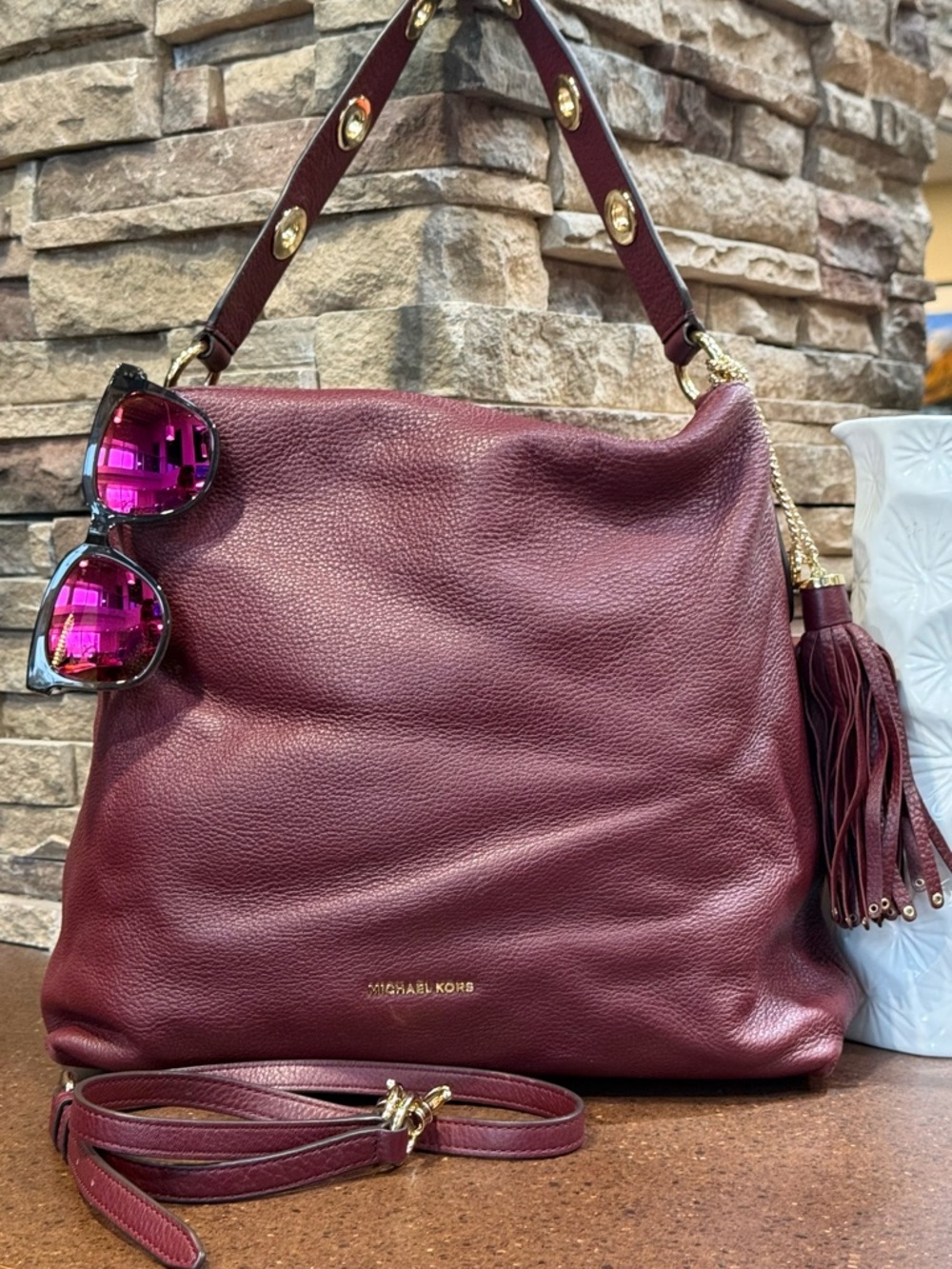 Michael Kors Burgundy Leather Convertible Shoulder Bag with Tassel